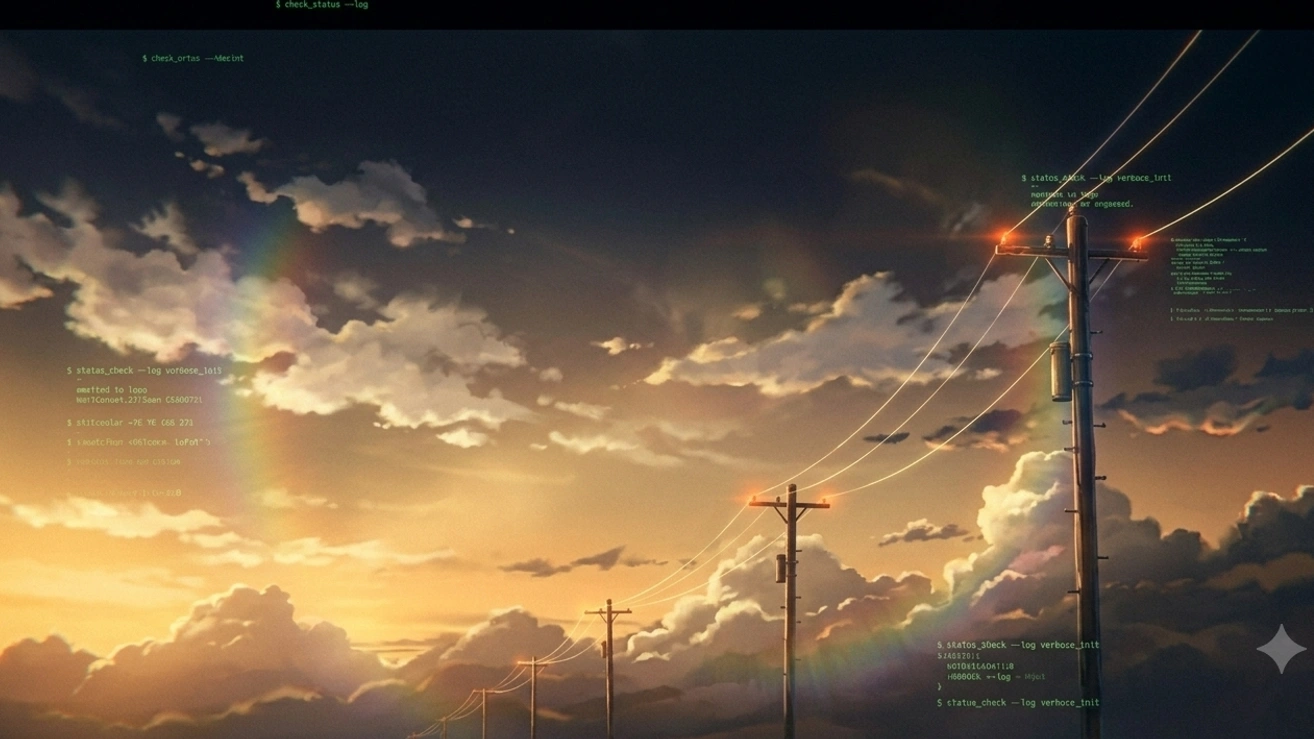 Cielo al atardecer con líneas de tendido eléctrico